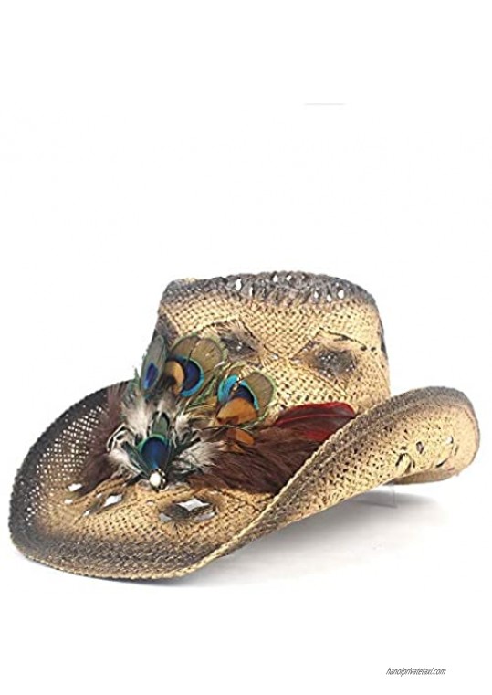 2019 Women's Fashion Lafite Straw Hollow Western Cowboy Hat Summer Handmade Peacock Feather Sombrero Elegant Female Jazz Sun Hat Classic Cowboy hat (Color : Coffee Size : 56-58)
