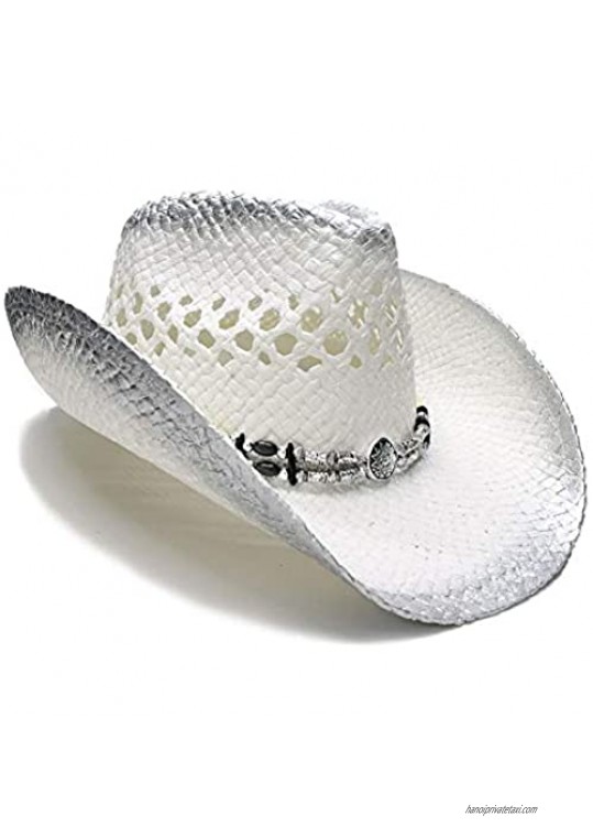 BYHSMMSD Retro Women's Men's Summer Straw Beach Wide Brim Cowboy Western Cowgirl Hat Hollow Out Wood/Alloy Bead Band (58cm) (Color : Silver Size : 58 cm)