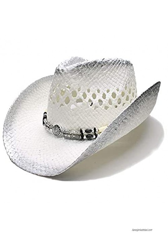 BYHSMMSD Retro Women's Men's Summer Straw Beach Wide Brim Cowboy Western Cowgirl Hat Hollow Out Wood/Alloy Bead Band (58cm) (Color : Silver  Size : 58 cm)