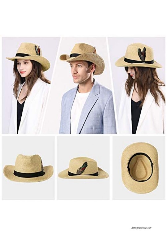 Fancet Womens Packable Western Outback Cowboy Mexican Feather Straw Sun Hat Fedora Cowgirl for Men