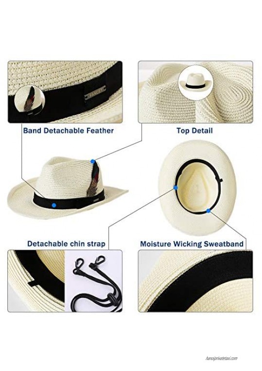 Fancet Womens Packable Western Outback Cowboy Mexican Feather Straw Sun Hat Fedora Cowgirl for Men