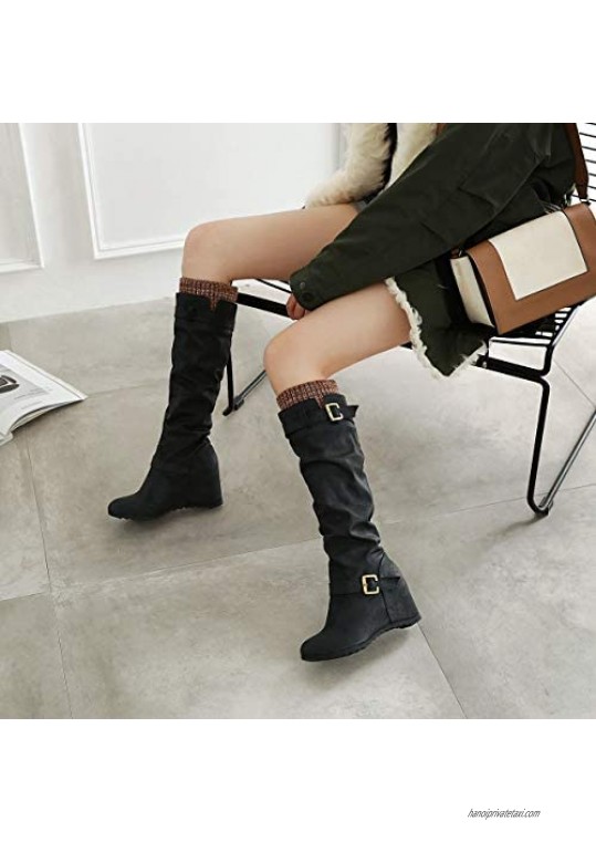 NAISI Women's Knee High Boot Wedge Leather Knee Buckle Boots Sweater Knit Winter Snow Riding Boots