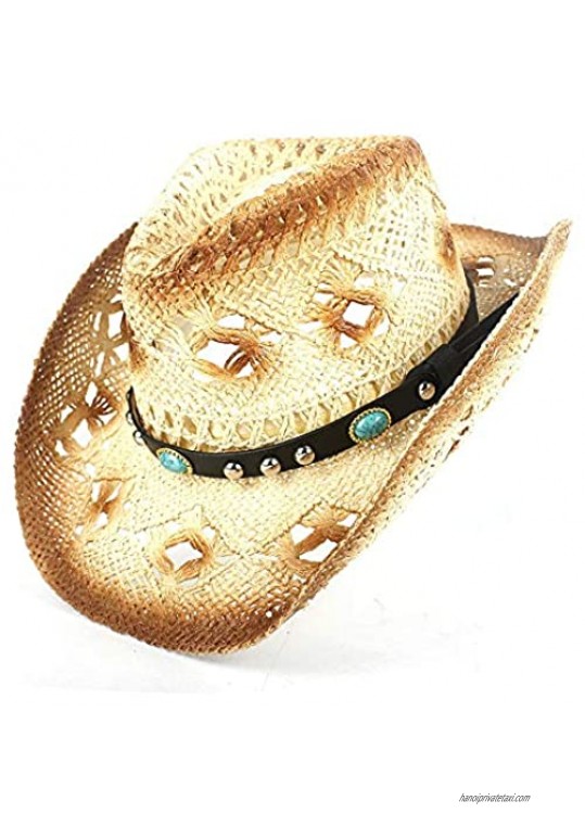 SHAONANSHI Wide Brim Straw Sun Hat for Women Men Travel Outdoor Beach Cowboy Western Cowgirl Hat Turquoise Leather Band (Color : Beige Size : 56-58)