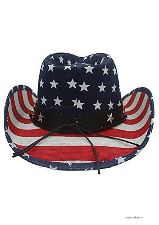 Simple Wild Beach Cool The Summer Straw Women Men Hollow Western Cowboy Hat with American Flag Leisure Travel Sunscreen Breathable (Color : 1 Size : 58cm)