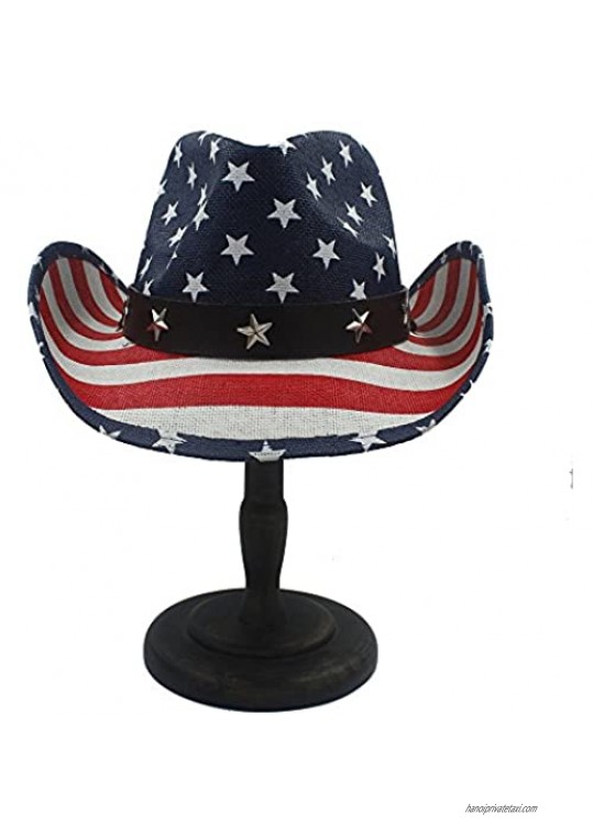 Simple Wild Beach Cool The Summer Straw Women Men Hollow Western Cowboy Hat with American Flag Leisure Travel Sunscreen Breathable (Color : 1 Size : 58cm)