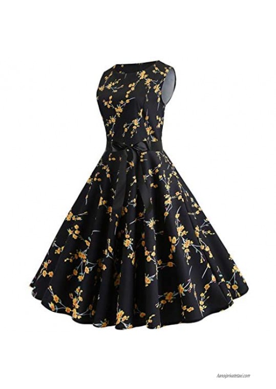 WOCACHI Womens Vintage Dresses Sleeveless Floral Party Prom Retro Swing Dress