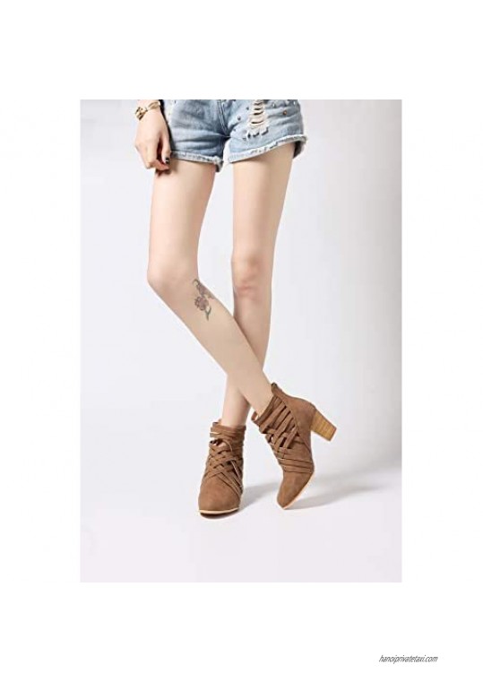 Womens Dress Ankle Boot Hollow Out Stacked Heel Back Zipper Criss Cross Wraparounds Booties