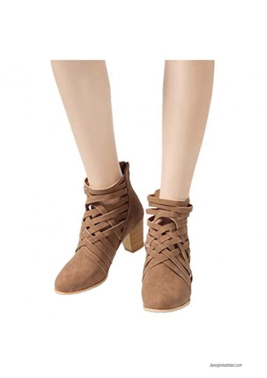 Womens Dress Ankle Boot Hollow Out Stacked Heel Back Zipper Criss Cross Wraparounds Booties