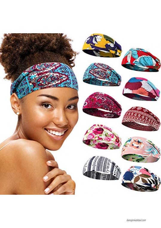 10 Pieces African Headbands Boho Headbands Women's Yoga Running Headbands Sports Workout Hair Bands Floral Headbands Stretchy Wide Turban Thick Head Wrap