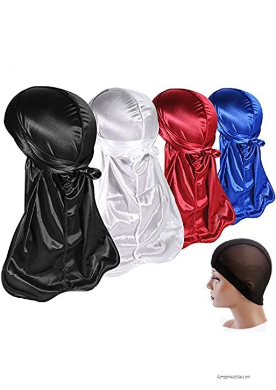 4PCS Silky Durags Silk Durag for Men Women Waves Silk Durag Pack with 1 Wave Cap Silky Satin Durag Extra Long Tails