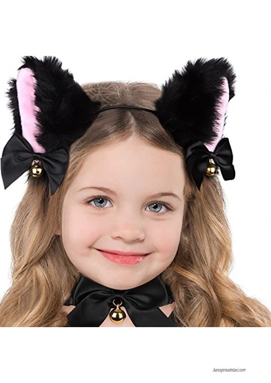 6 Pieces Cat Ears Cosplay Headband With Bells Necklace Hair Clips Cosplay Girl Plush Furry Cat Ears Headwear Fancy Dress Headband For Costume Party