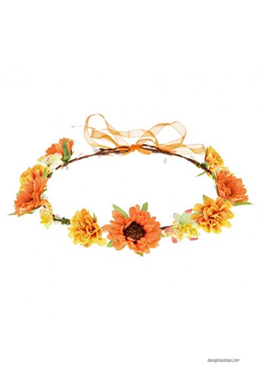 Accesyes Sunflower Adjustable Garland Halo Bridal Floral Headband Girls Hippie Costume Daisy Hair Wreath for Wedding Festivals (Orange)