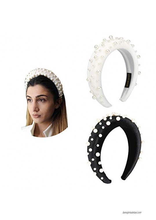 AWAYTR Velvet Padded Pearl Embellished Headband Large Padded Velvet Races Goth Wedding Headpiece for Women (Black+White)