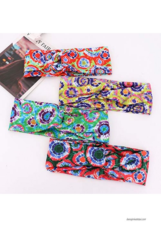 Boho Headbands for Women Girls Head Wrap Criss Cross Hair Band Wide Bohemian Knotted Yoga Headband Elastic Fabric Cotton Hairbands Fashion Hair Accessories Pack of 4 Floral pattern