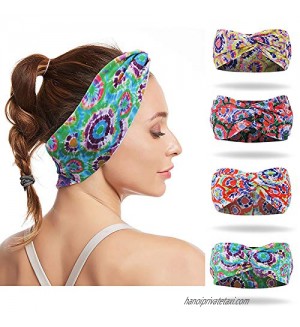 Boho Headbands for Women Girls Head Wrap Criss Cross Hair Band Wide Bohemian Knotted Yoga Headband Elastic Fabric Cotton Hairbands Fashion Hair Accessories Pack of 4 Floral pattern