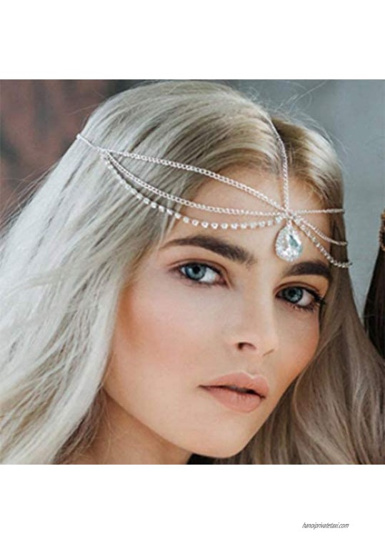 Crysly Boho Layered Crystal Piece Chain Silver Headpiece Wedding Festival Head Chain Jewelry for Women and Girls