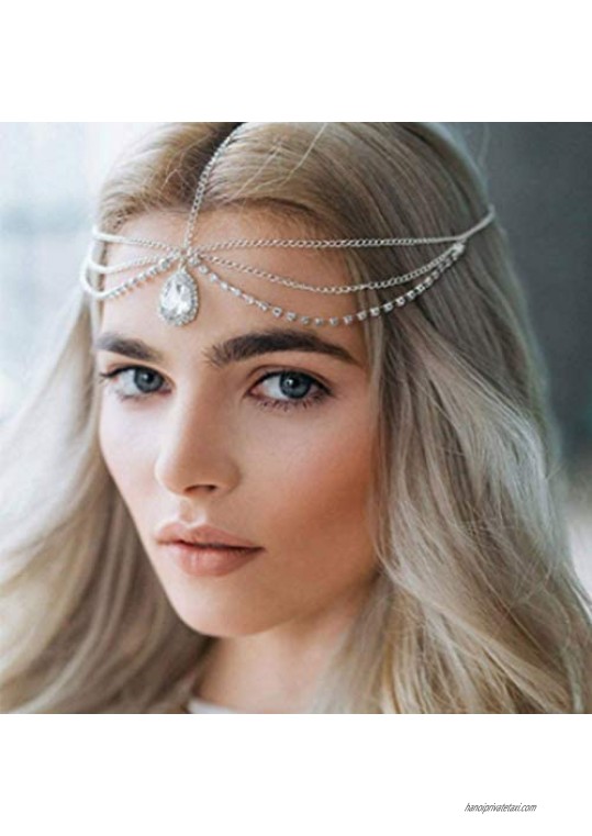 Crysly Boho Layered Crystal Piece Chain Silver Headpiece Wedding Festival Head Chain Jewelry for Women and Girls