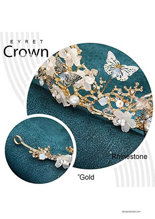 Eyret Vintage Crown Rhinestone Gold Baroque Queen Crowns Flower Wedding Tiara Butterfly Headpiece for Women and Girls