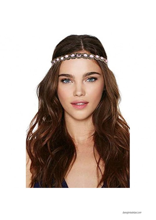 FIBO STEEL 6 Pcs Boho Headbands for Women Girls Rhinestone Hair Accessories Elastic Head Bands