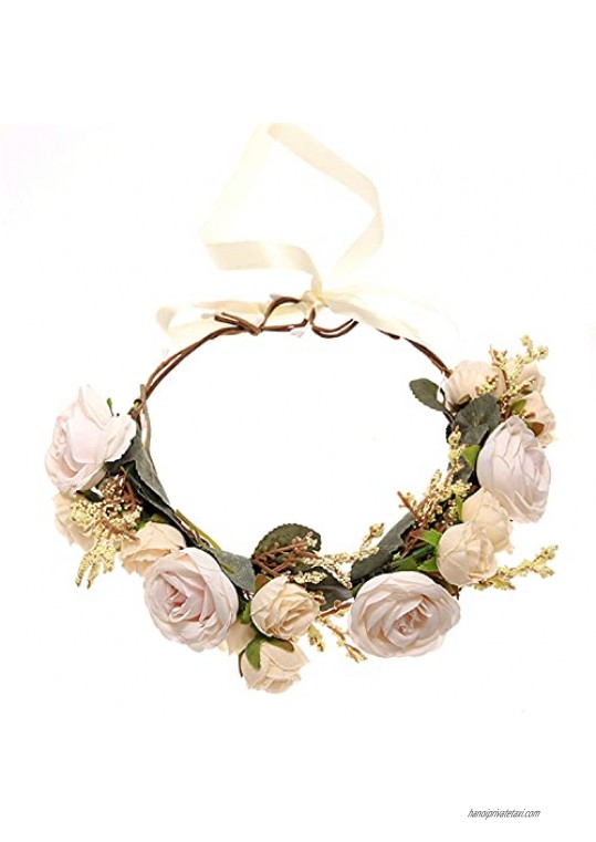 Floral Headpiece Garland Halo Maternity Photo Shoot Flower Crown Eucalyptus Leave Headband Wedding Headpiece (29B-Beige)