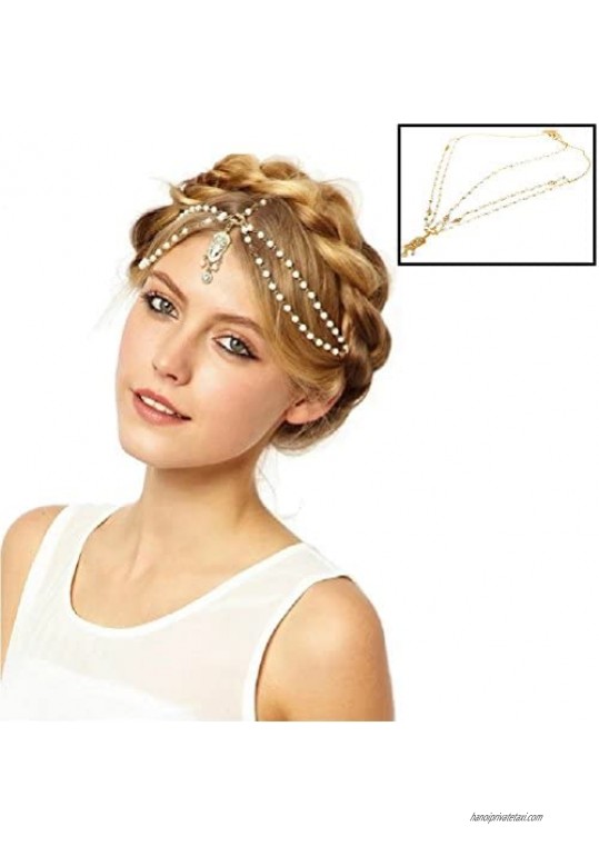 Gold Tone Indian Style Hair Pendant Circular Head Chain Headpiece. Crystal Water Drop. (Double Pearl Layer) 13.6 X 23.3 X 1.7.