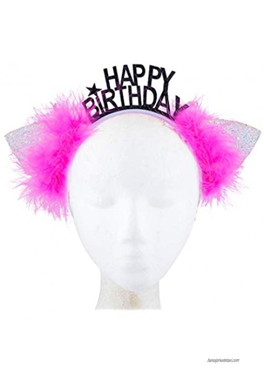Lux Accessories White Glittery Cat Ears Pink Furry Happy Birthday Girls Headband