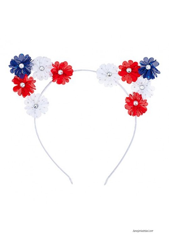 Lux Accessories White July 4th Red Blue Polka Floral Cat Ears Fashion Headbands