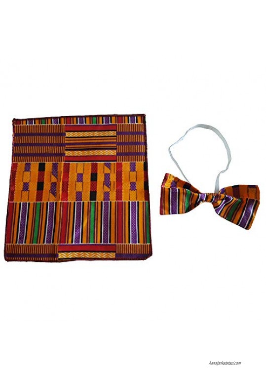 Men's Kente Ankara Fabric African Print Bow Tie and Pocket Square Hankerchief Set (Men's Kente Bow Tie and Hankerchief Set)