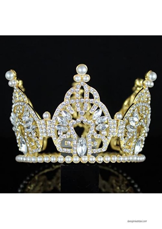 Mini Bun Tiara Hair Crown Faux Pearl Austrian Rhinestone Cake Topper M2313G Gold (Gold Color)