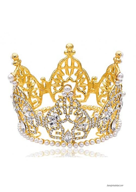 Mini Bun Tiara Hair Crown Faux Pearl Austrian Rhinestone Cake Topper M2313G Gold (Gold Color)