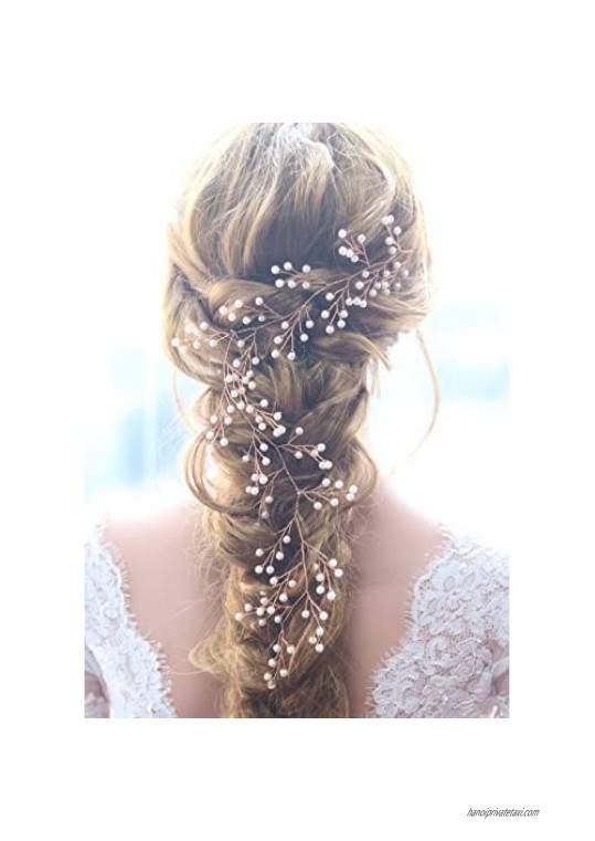 Missgrace Bridal Rose Gold Pearls Long Hair Vine Wedding and Party Headpiece Wedding Hair Accessorices for Bride and Women