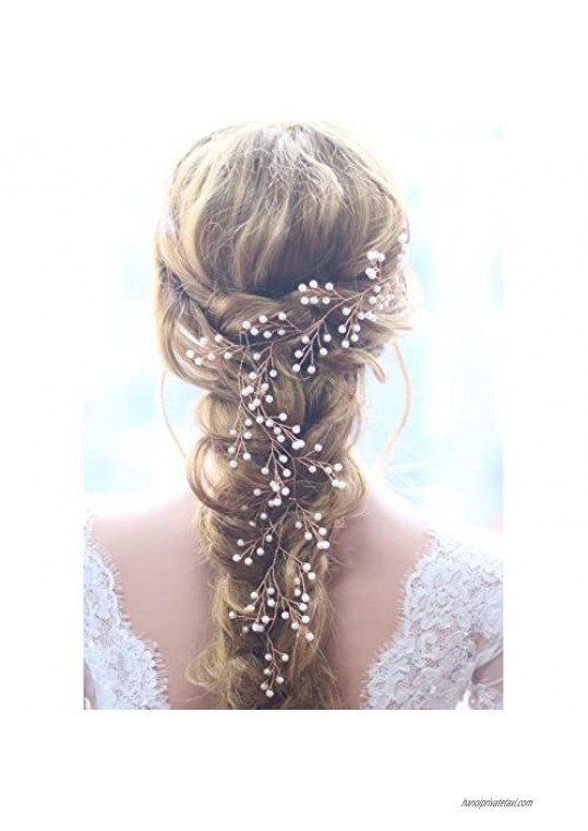 Missgrace Bridal Rose Gold Pearls Long Hair Vine Wedding and Party Headpiece Wedding Hair Accessorices for Bride and Women