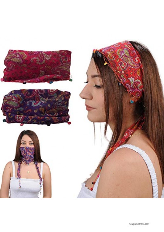 N /A Headbands for Women Embroidered Patterned Fabric Wooden Beaded Headband - Look Aesthetic and Cool - You can use hair accessory as bandana shawl scarf. -2 PACK