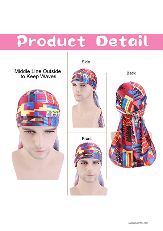 Oaoleer 4PCS Silky Durags for Men with 5 PCS Elastic Wave Cap Long Tail Headwraps Wide Straps Waves