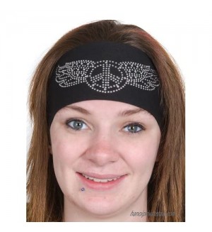 Open Road Girl Head Wrap: Wide Headbands for Women: Biker Chick Headwear: Peace Sign With Rhinestones (Clear)