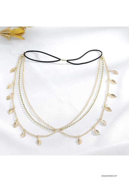 Yalice Boho Crystal Head Chain Gold Leaf Headpieces Elastic Hair Acessories for Women and Girls