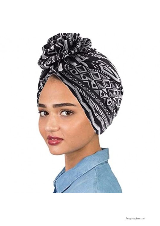 Zeelina 4Packs African Pattern Turban Knot Headwrap Flower Hair Wrap Ethnic Pre-Tied Bonnet Beanie Cap Head Wraps for Women and Girls