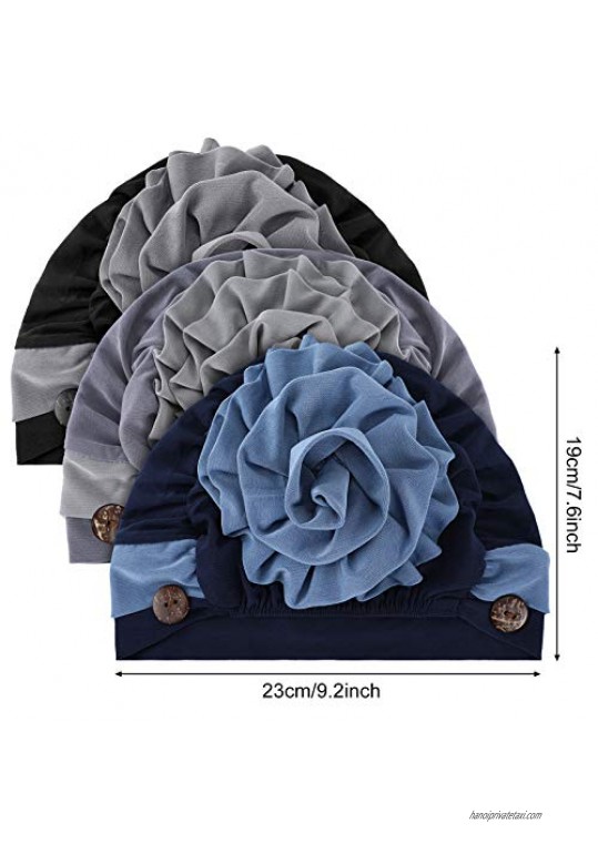 3 Pieces Bouffant Caps with Buttons Bouffant Hats Stretchy Beanie Hat Head Wraps Flower Turban Caps for Woman (Navy Blue Black Gray)