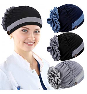 3 Pieces Bouffant Caps with Buttons Bouffant Hats Stretchy Beanie Hat Head Wraps Flower Turban Caps for Woman (Navy Blue  Black  Gray)