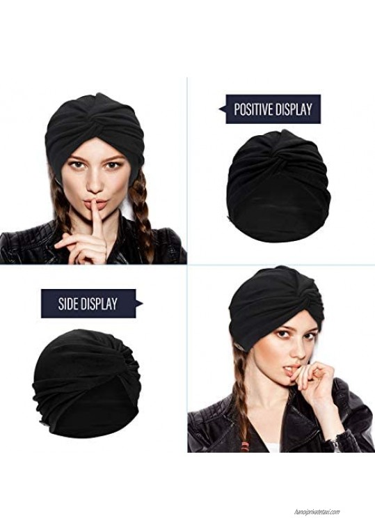 6 Pieces Turbans with Buttons Women Soft Pre-Tied Knot Pleated Turban Cap Beanie Head Wrap Sleep Hat 6 Colors