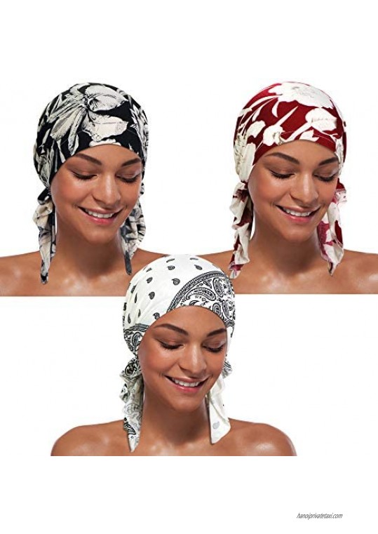ASHILISIA 3 Pieces Women Chemo Hat Turban Beanie Pre-Tied Headwraps Headwear Bandana for Hair Loss