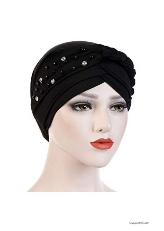 beauty YFJH Women Hijab Beading Pre-Tied Twisted Braid Turban Hat Head Scarf Cancer Chemo Beanies Headwear Headwrap Cap