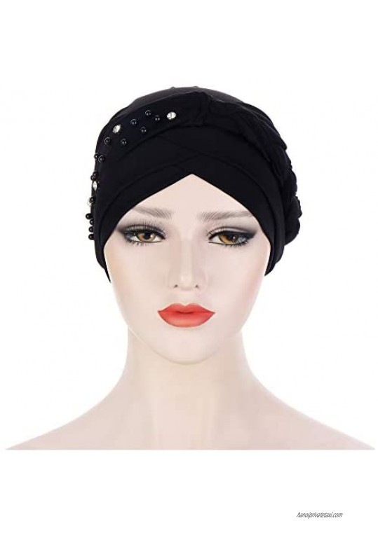beauty YFJH Women Hijab Beading Pre-Tied Twisted Braid Turban Hat Head Scarf Cancer Chemo Beanies Headwear Headwrap Cap