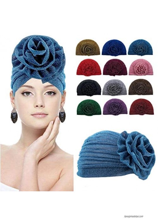BLUEBUBBLE Women Big Flower Headwrap Turban Shining Beanie Bonnet Cap Chemo Cap