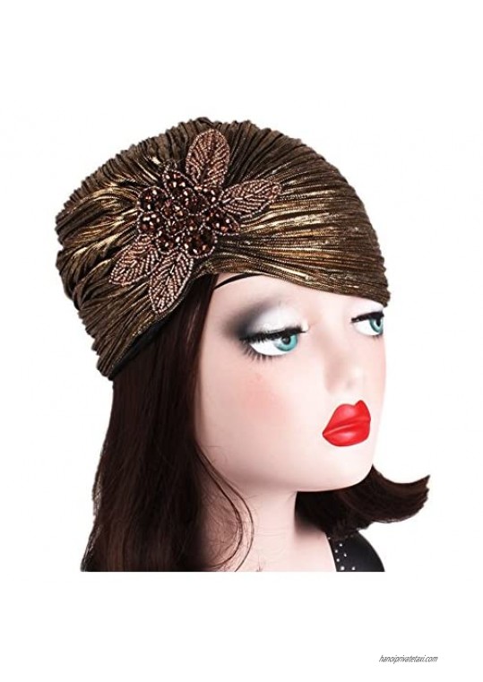 CHUANGLI Women's 20S Gatsby Turban Hat Noble Ruffle Glitter Pleated Stretch Head Wraps Chemo Cap
