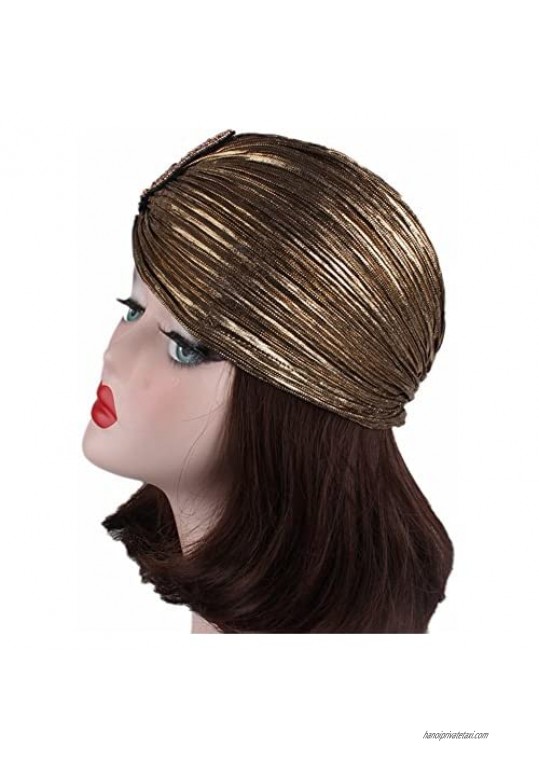 CHUANGLI Women's 20S Gatsby Turban Hat Noble Ruffle Glitter Pleated Stretch Head Wraps Chemo Cap