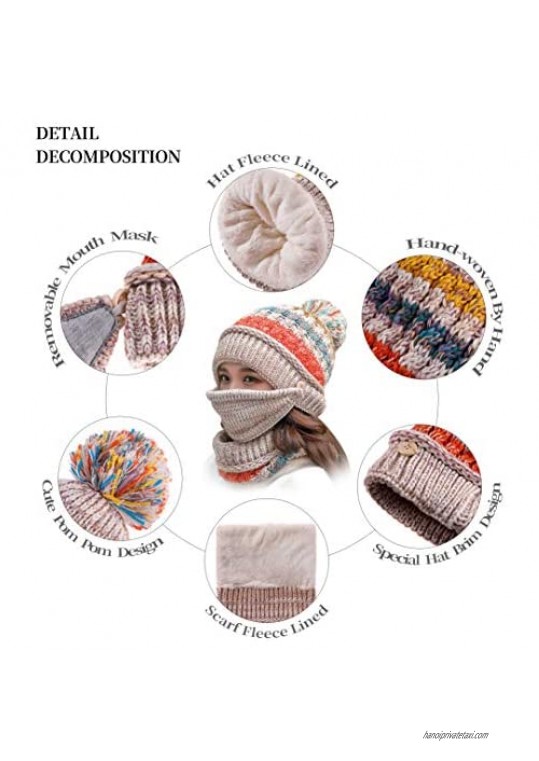 FANZERO Womens Girls Knit Beanie Scarf Mask Set Soft Warm Fleece Lined Winter Ski Hat with Pompom