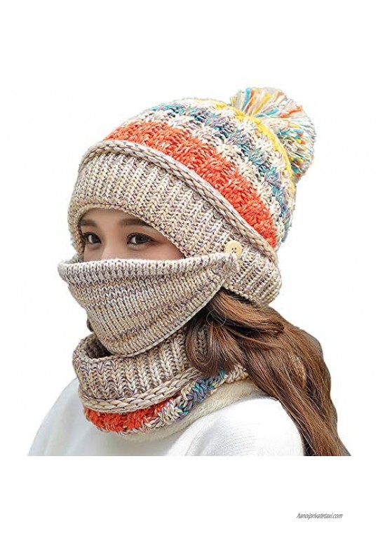 FANZERO Womens Girls Knit Beanie Scarf Mask Set Soft Warm Fleece Lined Winter Ski Hat with Pompom