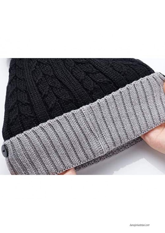 Fleece Lined Womens Beanie Knit Hat Winter Scarf Mask Set Girls Warm Hat Earmuffs Cap with Pom