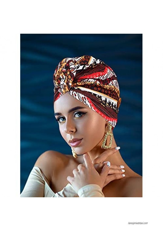 Hicarer 6 Pieces African Turban with Button Women Flower Knot Pre-Tied Bonnet Beanie Hat (Retro Styles)
